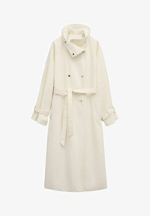 Langer Trenchcoat in Creme mit hohem Kragen, doppelt geknöpft, tailliert mit Gürtel und verstellbaren Riemen an den Ärmelbündchen.