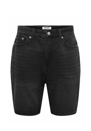 Short en denim noir avec bouton à l'avant, passants de ceinture et design cinq poches, présenté sur fond blanc.