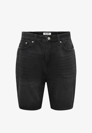 Short en denim noir avec bouton à l'avant, passants de ceinture et design cinq poches, présenté sur fond blanc.
