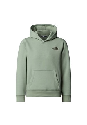 Sudadera con capucha color verde menta y un bolsillo frontal, con una marca sutil en el pecho. Hecha de tela suave y texturizada con puños acanalados.