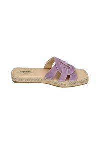 Purple suede slide sandal with woven espadrille sole, featuring a braided upper design. Flat profile and comfortable footbed.