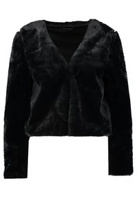 Svart faux fur kort jacka med långa ärmar, djup V-ringning och mjuk textur. Enkel design utan ytterligare dekorationer.