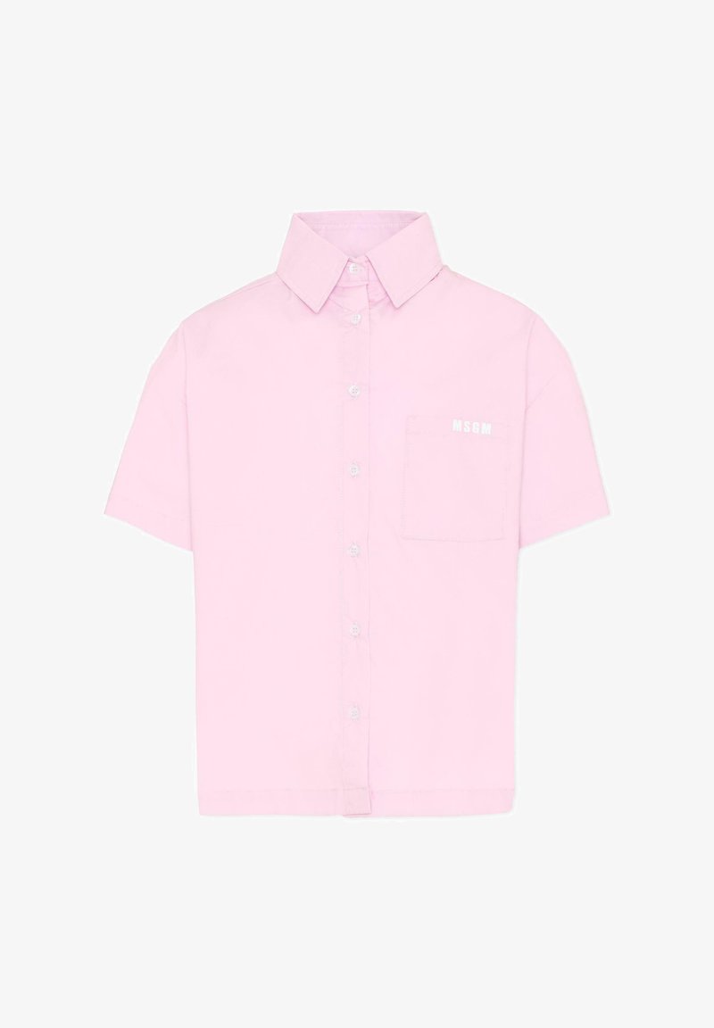 Chemise rose clair à manches courtes avec des boutons et une poche avant ornée de petites lettres blanches "MSGM".