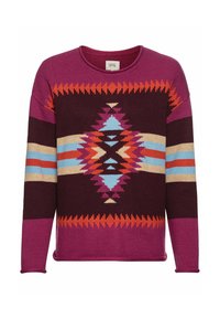 Strickpullover mit einem lebhaften geometrischen Muster in Pink, Burgunderrot und Orange, akzentuiert mit hellblau und Creme. Rundhalsausschnitt.