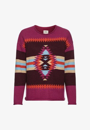 Striktrøje med et livligt geometrisk mønster i pink, burgunder og orange, med accenter i lys blå og fløde. Rund halsudskæring.