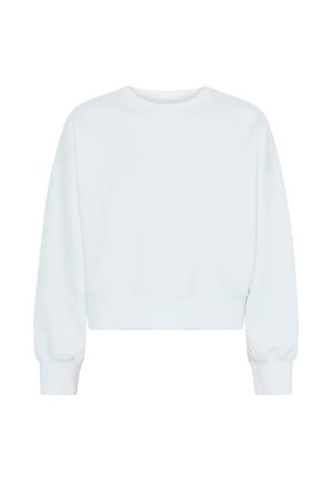 Sudadera blanca recortada con mangas largas, cuello redondo y puños acanalados. Hecha de una tela suave con una textura lisa y un diseño minimalista.