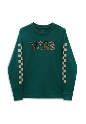 Mørkegrøn Vans langærmet skjorte med ternet striber på ærmerne og et Vans-logo med blomsterprint over brystet.