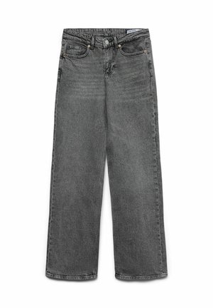 Grå denim byxor med vida ben och en klassisk femfickorsdesign, knappstängning, bälteshällor och en lätt blekt textur.