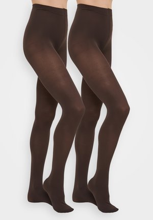 Collants opaques marron, texture lisse, couverture complète, taille haute, présentant une distribution homogène de la couleur et une construction sans couture pour le confort.