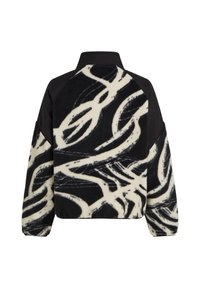 Μαύρο και λευκό fleece μπουφάν με αφηρημένα κυκλικά μοτίβα, μακριά μανίκια, ελαστικά μανσέτες και ψηλό γιακά, εμφανίζεται από πίσω.