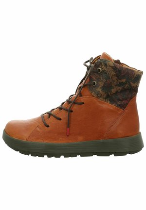 Brown leather ankle boots with a patterned fabric collar, dark laces, and a textured green sole. Featuring a round toe and durable design.
