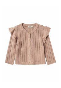 Cardigan en tricot rose clair, avec une texture côtel�ée, fermeture à bouton et manches volantes. Présente des rayures verticales et un col rond.