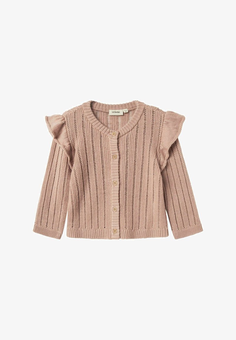 Cardigan lavorato a maglia rosa chiaro con texture a coste, chiusura con bottoni e maniche a volant. Presenta righe verticali e scollatura tonda.