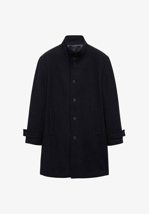 Mörkblå ullkappa med hög krage, fem knappar framtill, två sidofickor och knappade ärmslut. Slät textur och rak siluett.