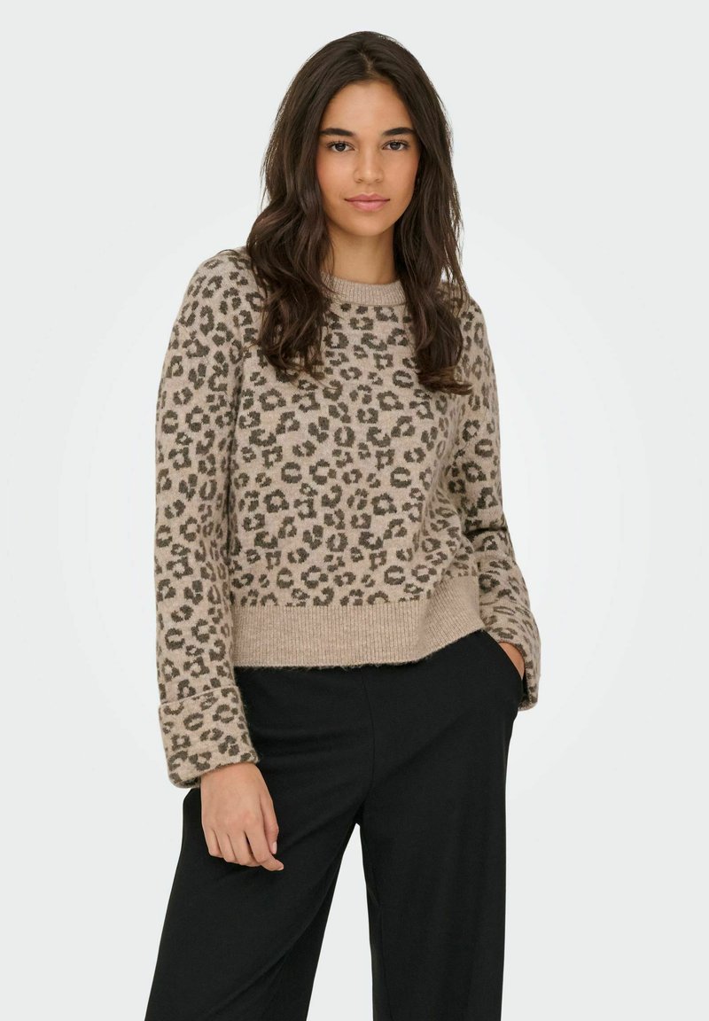 Beige sweater med leopardprintmønster, ribbet halsudskæring og kant, løs pasform, parret med sorte bukser, med lange ærmer.