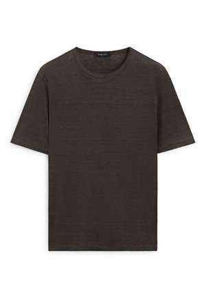 Mørkebrun T-shirt med korte ærmer og rund halsudskæring med enkel design og synligt mærke på indersiden af nakkestykket.