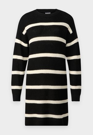 Sort strikket sweaterkjole med brede vandrette cremede striber, rund halsudskæring og lange ærmer. Tekstureret stof med ribbede manchetter og kant.