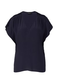 Blouse bleu marine avec un décolleté en V, des manches courtes flottantes et de délicats plis sur les épaules. Fabriquée à partir d'un tissu léger et doux.