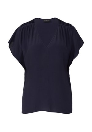 Navyblauwe blouse met een V-hals, korte vlinder sleeves en delicate plooidetails op de schouders. Gemaakt van lichtgewicht, gladde stof.