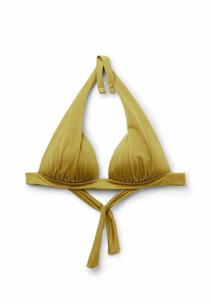 Olive green triangle bikini top with halter neck ties and a front tie closure, displayed against a white background.