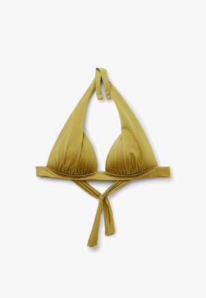 Olive green triangle bikini top with halter neck ties and a front tie closure, displayed against a white background.