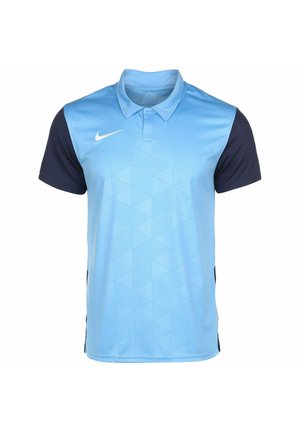 Hellblaues Nike-Poloshirt mit dunkelblauen kurzen Ärmeln und dezentem geometrischem Muster auf der Vorderseite.