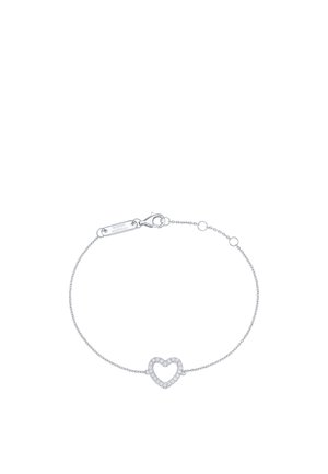 Delicate silver chain bracelet with a heart-shaped charm encrusted with small clear stones and a lobster clasp closure.