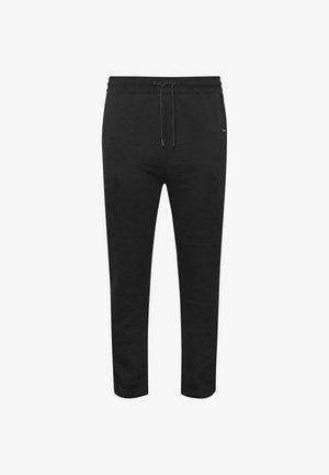 Sorte sweatpants med smal pasform, elastisk linning og snøre, designet til afslappet brug.