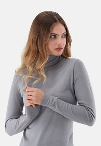 Grauer Rollkragenpullover aus weichem, leichtem Stoff, mit langen Ärmeln und taillierter Passform. Glatte Textur mit geripptem Kragen.