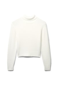 Maglione corto bianco con collo alto realizzato in materiale morbido e testurizzato. Presenta maniche lunghe e un orlo a coste. Design semplice e minimal.