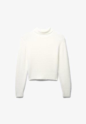 Maglione corto bianco con collo alto realizzato in materiale morbido e testurizzato. Presenta maniche lunghe e un orlo a coste. Design semplice e minimal.