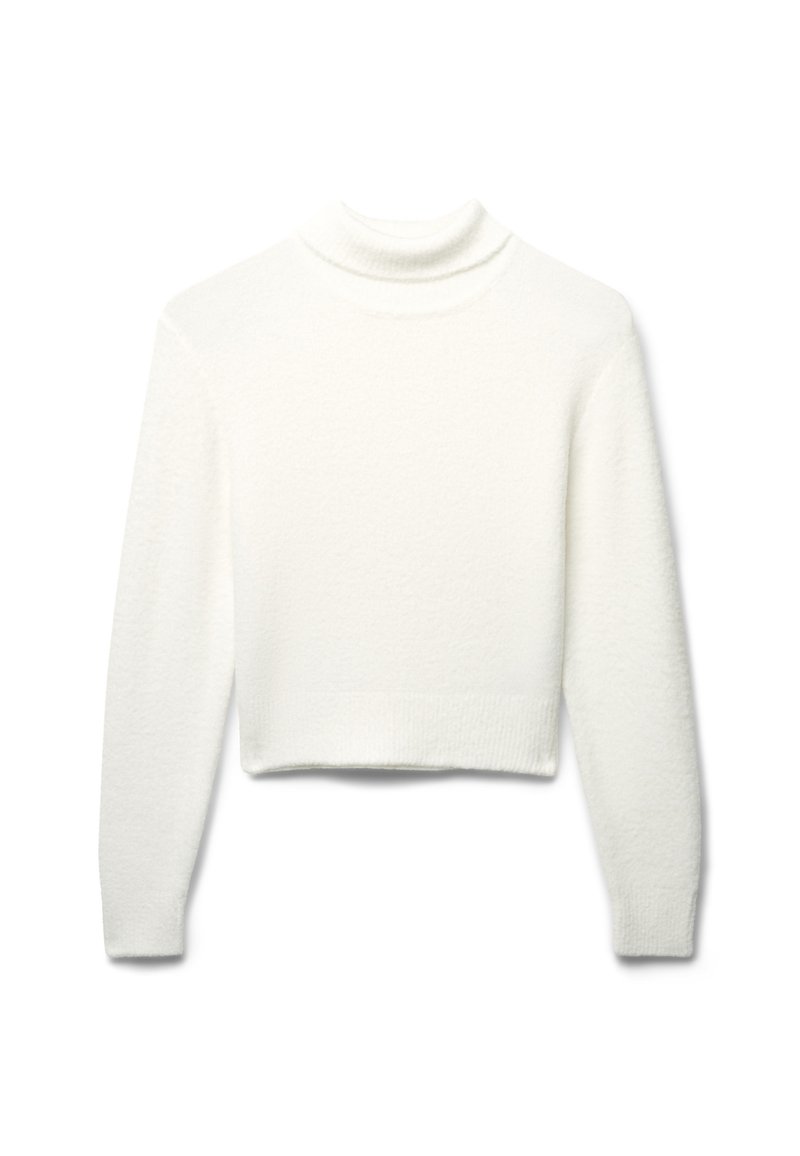 Maglione corto bianco con collo alto realizzato in materiale morbido e testurizzato. Presenta maniche lunghe e un orlo a coste. Design semplice e minimal.