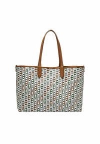 Sac fourre-tout avec des poignées en cuir marron, présentant un motif de formes entrelacées vertes, oranges et grises sur un fond blanc.