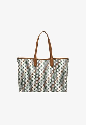 Tasche mit braunen Ledergriffen, die ein gemustertes Design aus grünen, orangefarbenen und grauen, miteinander verbundenen Formen auf weißem Hintergrund zeigt.
