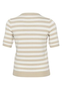 Suéter de manga corta a rayas beige y blanco, hecho de material de punto suave, con un cuello redondo y un diseño ajustado.