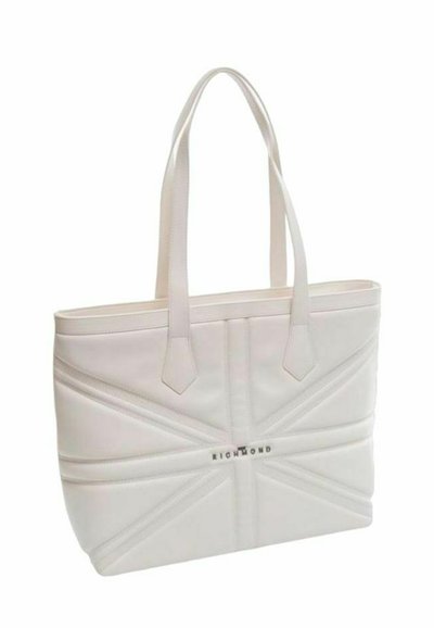 Borsa tote in pelle bianca con motivo Union Jack, corpo piatto, doppie maniglie piatte e logo "RICHMOND" al centro anteriore.