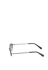 Kulaté sluneční brýle s kovovým stříbrným rámem. Tmavě modré čočky. Úzké nožičky s hladkým povrchem, na koncích ozdobené hvězdičkou.