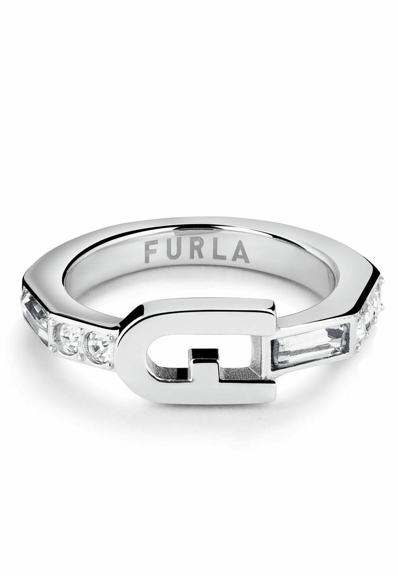 Silberner Ring mit einem flachen, geometrischen Design, das auf einer Seite klare Kristalle und ein ausgestanztes "G"-Akzent aufweist. Innen im Ring eingraviert ist "Furla".