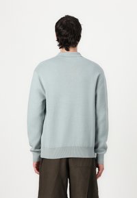 Light blue knit sweater with a ribbed hem and cuff, featuring a classic collar and soft texture. Worn over dark brown pants.