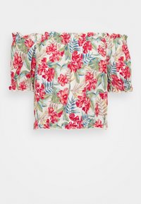 Blusa cropped off-shoulder con scollatura elasticizzata, maniche e orlo, caratterizzata da una vivace stampa floreale rossa e verde su sfondo bianco.