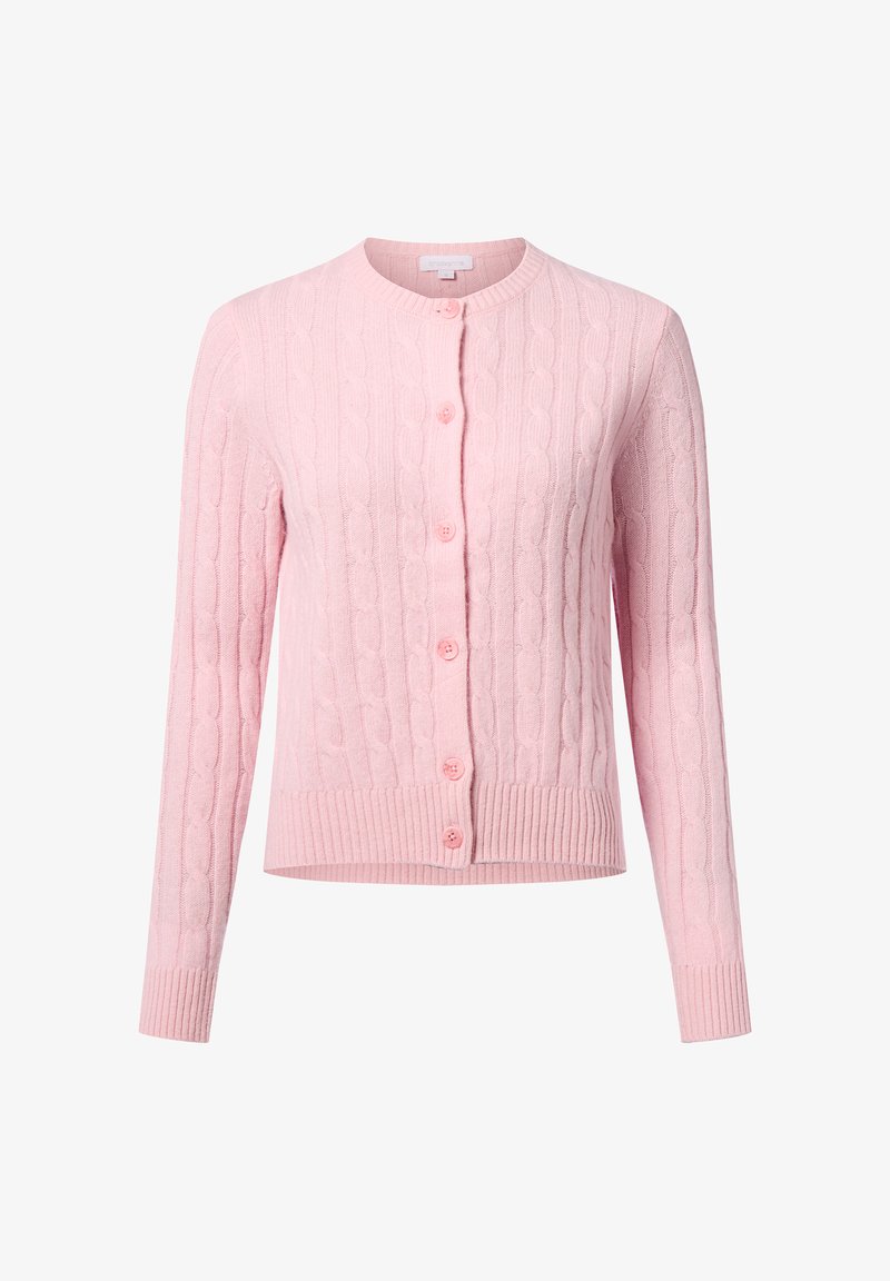 Cardigan en tricot torsadé rose clair avec des manches longues, un col rond et six boutons assortis sur le devant. Poignets et ourlet côtelés.