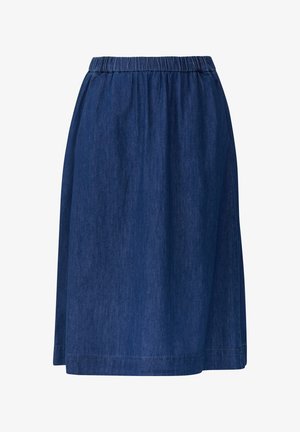 Jeansrock mit elastischem Bund, knielang, in Dunkelblau. Hat eine glatte Textur und ein einfaches, schmuckloses Design.