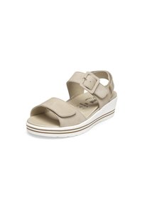 Beige wedge sandals made of smooth leather, featuring two adjustable straps and a padded footbed. The white sole has brown stripes.