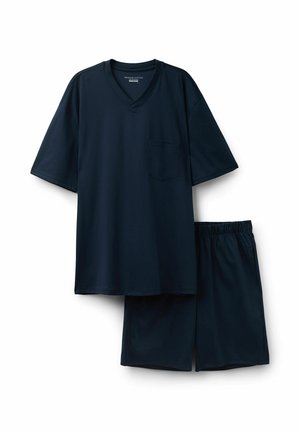 Marineblaue Baumwoll-Pyjama-Basisset mit T-Shirt in Kurzarm und V-Ausschnitt sowie Shorts mit elastischem Bund. Sanfte Textur, lockere Passform.
