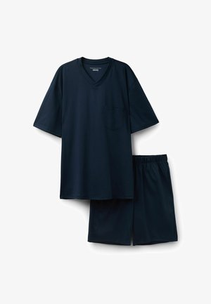 Navy blauwe katoenen pyjama set bestaande uit een T-shirt met korte mouwen en V-hals met een zak en korte broek met elastische tailleband. Glad textuur, ontspannen pasvorm.