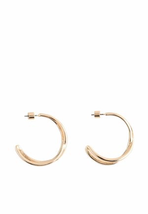 Pair of polished gold-tone half hoop earrings with post back closures on a white background.