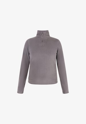 Szürke bolyhos pulóver magas gallérral, hosszú ujjal és fél cipzárral elöl. Puha textúra és egyszerű dizájn, minták nélkül.