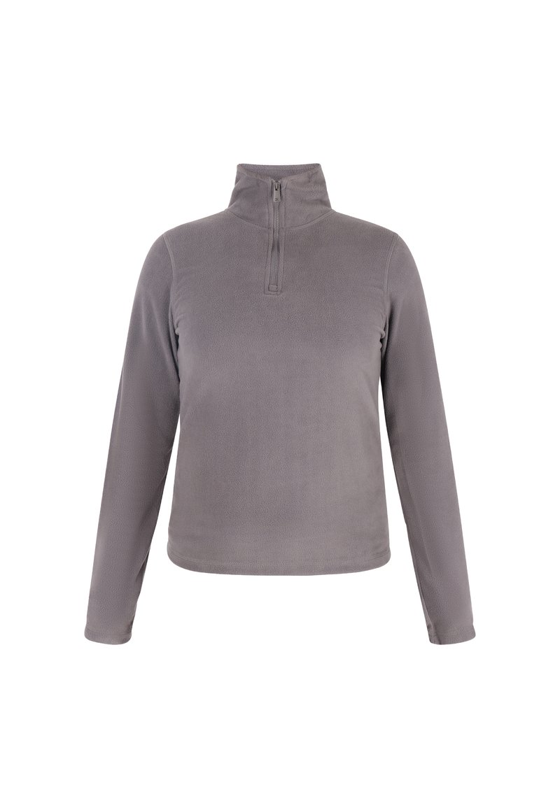 Grijze fleece trui met een hoge kraag, lange mouwen en een halve rits aan de voorkant. Zachte textuur en eenvoudig ontwerp zonder patronen.