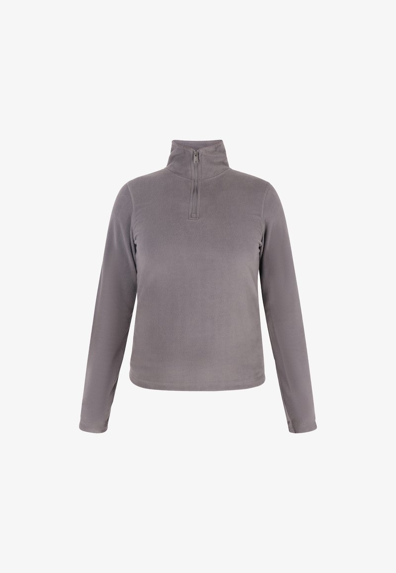 Szürke bolyhos pulóver magas gallérral, hosszú ujjal és fél cipzárral elöl. Puha textúra és egyszerű dizájn, minták nélkül.