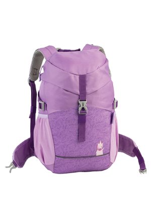 Paarse kinderrugzak met verstelbare banden, voorste gesp, mesh zijvakken en een kleine eenhoorn afbeelding op het voorpaneel.